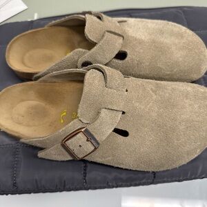 Birkenstock Suede Slip-On Clog Mules with Buckle - Taupe